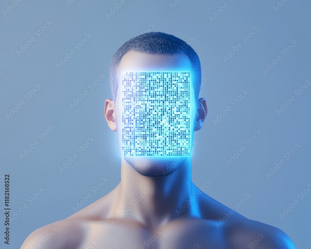 Poster futuristic cyberpunk portrait man with qr code face in blue light
