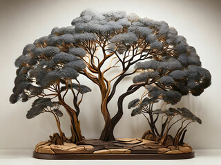 A world of African acacia trees rendered in a different style and variation from abstract to realistic.