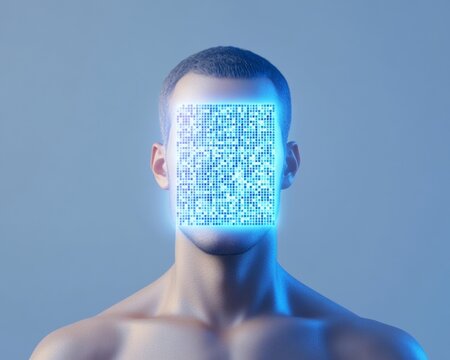 Futuristic Cyberpunk Portrait Man with QR Code Face in Blue Light
