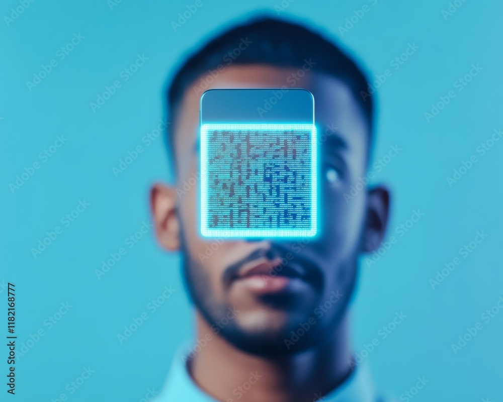 Aufkleber Futuristic Mobile Booking Man with Glowing QR Code in Cyberpunk Style