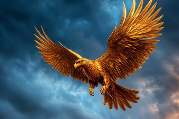 Obraz premium Griffin with golden wings soaring through a stormy sky - ideal for fantasy and mythical themes