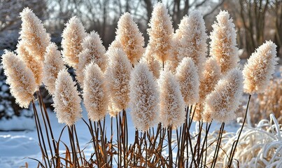 Frosted ornamental grass plumes in snowy winter garden.