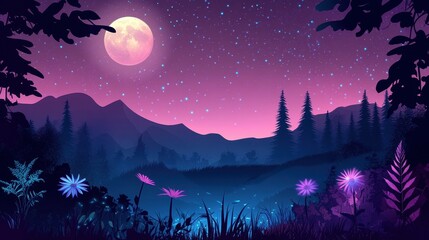 Fototapeta premium Serene Night Landscape With Full Moon And Glowing Flowers