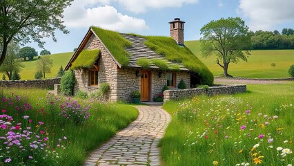Fototapeta premium Stone Cottage with Grass Roof: A charming stone cottage with a grass roof sits peacefully amidst a lush green meadow, surrounded by wildflowers and a stone pathway leading to its inviting wooden door.