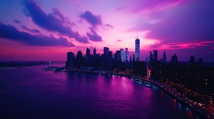 Manhattan Skyline at Dusk: A Vibrant Purple Panorama