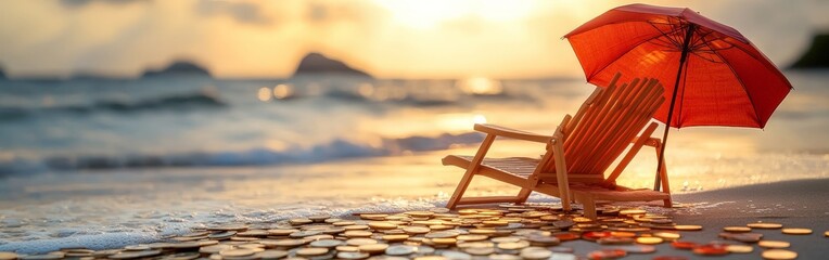 A retirement plan concept showing a beach chair and coins, symbolizing leisure after savings.