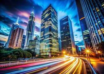 Fototapeta premium Stunning Long Exposure Real Estate Photography: Night City Lights & Modern Architecture