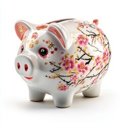 Ceramic piggy bank adorned with floral designs, symbolizing savings and prosperity. A charming decorative piece for financial themes.