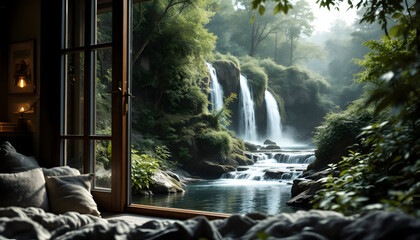 Fototapeta premium Serene Waterfall Vista: A Tranquil Bedroom Scene