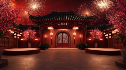 Vibrant festival fireworks over beautiful chinese-style building night celebration lanterns and flowers cultural experience