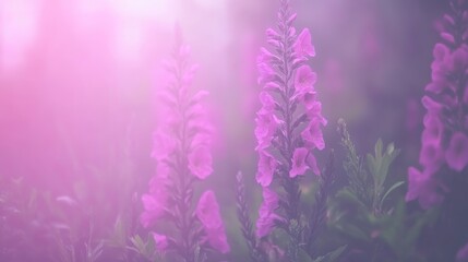 Fototapeta premium Misty Meadow Purple Flowers Soft Light Dreamy Scene