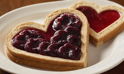 Heart-shaped toast with berry jam served on a white plate at a cozy breakfast setting. Valentine&rsquo;s Day idea, date, engagement party, love party, eat, food