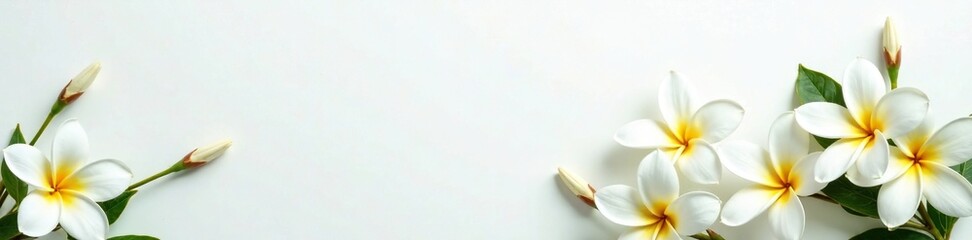 Fototapeta premium Delicate white plumeria flowers against crisp white background, floral, petals, greenery
