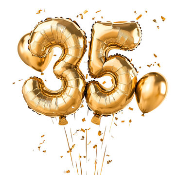 Thirtyfive Golden Balloons, Celebration, Party, Anniversary, Festive, Confetti, Joyful, Gold, White,