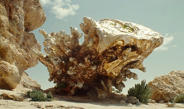 Gold rock formation in desert landscape with plants and cloudy sky.