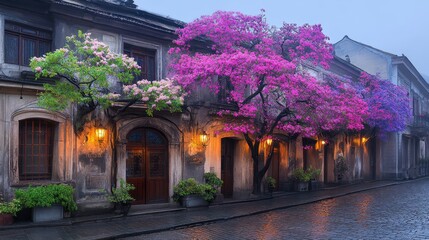 Misty Morning Street Scene with Blooming Trees and Old Buildings