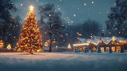 Fototapeta premium Sparkling Christmas tree glows against a snowy backdrop near a cozy cabin