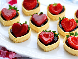 Heart-shaped strawberry tarts arranged on a white platter, showcasing delicious dessert artistry. Valentine&rsquo;s Day idea, date, engagement party, love party, eat, food