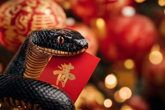 A black snake with golden scales holds a red envelope with gold Chinese characters. The festive background features glowing lanterns and vibrant colors, symbolizing celebration