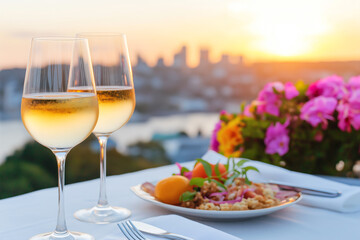 Naklejka premium beautiful sunset view featuring two glasses of white wine and plate of colorful food, surrounded by vibrant flowers. scene evokes sense of relaxation and enjoyment