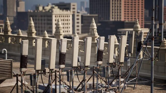 Metal Poles on Rooftop, View of Urban Metropolis Rooflines