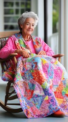 Naklejka premium Elderly woman enjoys quilting large colorful patchwork quilt in a cozy environment