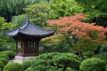 A serene traditional pavilion sits amidst a lush Japanese garden, surrounded by vibrant green trees and a maple tree with red-orange leaves, evoking peace and harmony