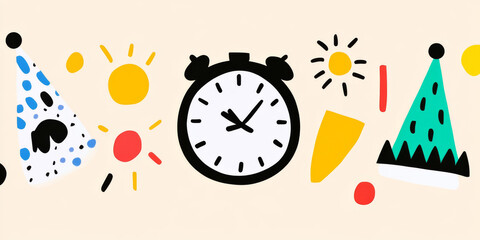 Colorful party elements including clock, hats, and sun shapes create festive atmosphere, perfect for celebrations and events. playful design adds joy and excitement