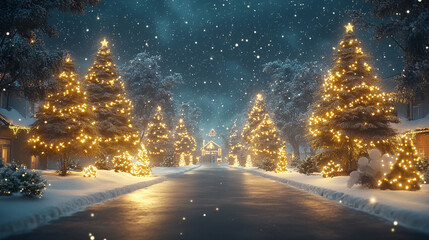 Fototapeta premium Magical winter evening with illuminated trees lining a snowy pathway in a festive atmosphere