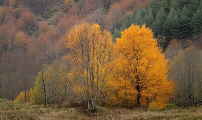 Fototapeta premium Golden autumn trees in a misty forest landscape.