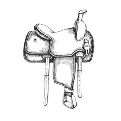 Vector hand-drawn illustration of saddle. Black and white sketch of horse equipment. Western symbol.