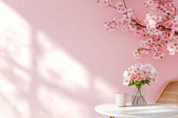 Fototapeta premium serene pink interior featuring table with vase of pink flowers and cup. soft shadows create calming atmosphere, perfect for relaxation and enjoyment