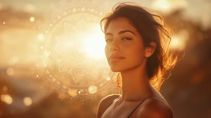 Handdoek met foto Meisjeskamer Woman in sunrise, glowing yoga mandala, spiritual nirvana awareness, mystical lights effects  © mozZz