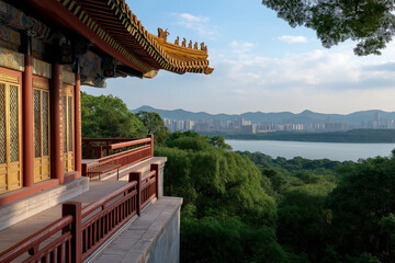 A traditional Chinese pavilion with intricate golden roof decorations overlooks a lush forest, a serene lake, and a modern cityscape beyond the distant hills