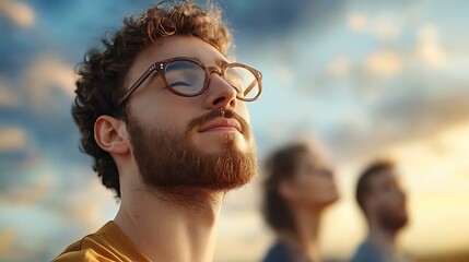 Thoughtful young man with glasses and beard gazing pensively into the distance envisioning a virtual mental health workshop with holographic group participants against a backdrop of a serene
