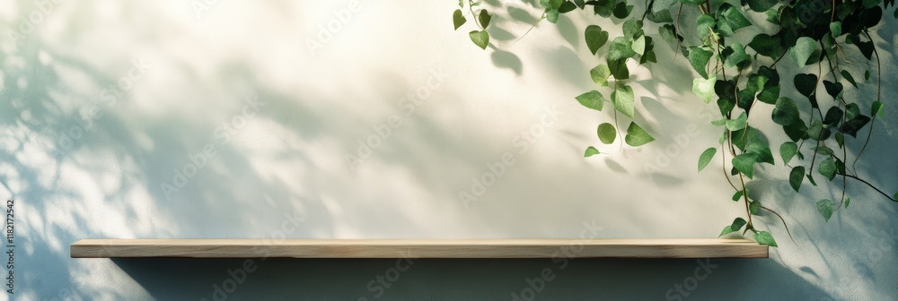 Fototapete Empty wooden shelf is mounted on a white wall, adorned with hanging vines and dappled leaf shadows, creating a serene and natural backdrop ideal for product placement or decorative display