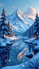 Frosty riverbank scene with snow-covered trees and twinkling lights, snow, mountains, low poly