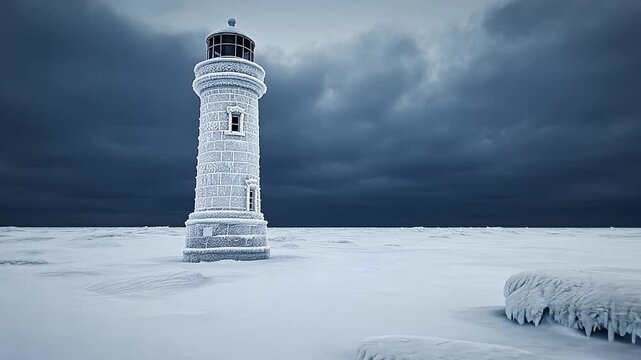 A snow-covered lighthouse stands in a frozen landscape under stormy skies, symbolizing winter solitude
