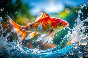 Fototapeta premium Koi fish, water droplets, vibrant colors, a double exposure, close-up.