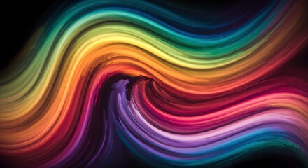 Abstract Flow of Colors: A captivating abstract background featuring vibrant, flowing lines of color reminiscent of a rainbow, swirling and merging against a deep black backdrop.
