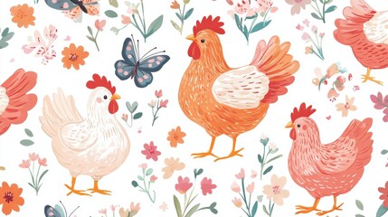 Chickens Butterflies And Flowers A Delightful Spring Pattern