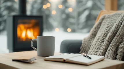 Writers retreat in a rustic cabin with a cozy atmosphere and winter scenery