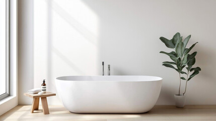 Fototapeta premium modern bathroom featuring sleek white bathtub, potted plant, and natural light streaming through large windows, creating serene and relaxing atmosphere