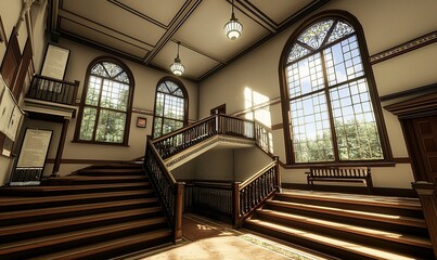 Obraz premium Grand staircase in classic university hall with natural light.