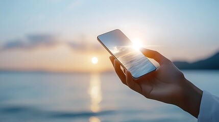 Smartphone held in a hand displaying positive affirmation or message against a serene sunset landscape overlooking the ocean and coastline conveying a sense of digital mindfulness and wellness