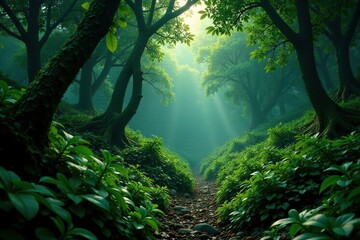 Fototapeta premium Lush undergrowth and thorny shrubs hiding hidden clearings, jungle, dense, concealed