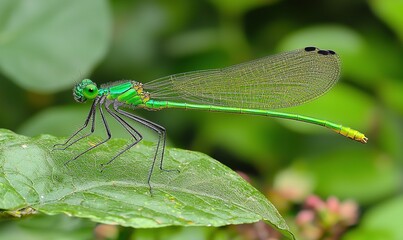 Green dragonfly perched on leaf in lush garden, close-up nature image for wildlife projects.