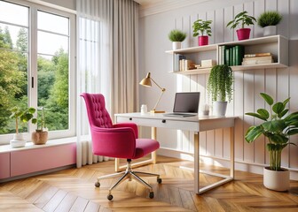 Fototapeta premium Stylish Home Office Interior Design with Pink Chair and Desk Decor - Rule of Thirds Composition