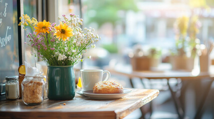 cozy cafe scene featuring vase of flowers, cup of coffee, and pastry on wooden table. warm sunlight creates welcoming atmosphere, perfect for relaxation