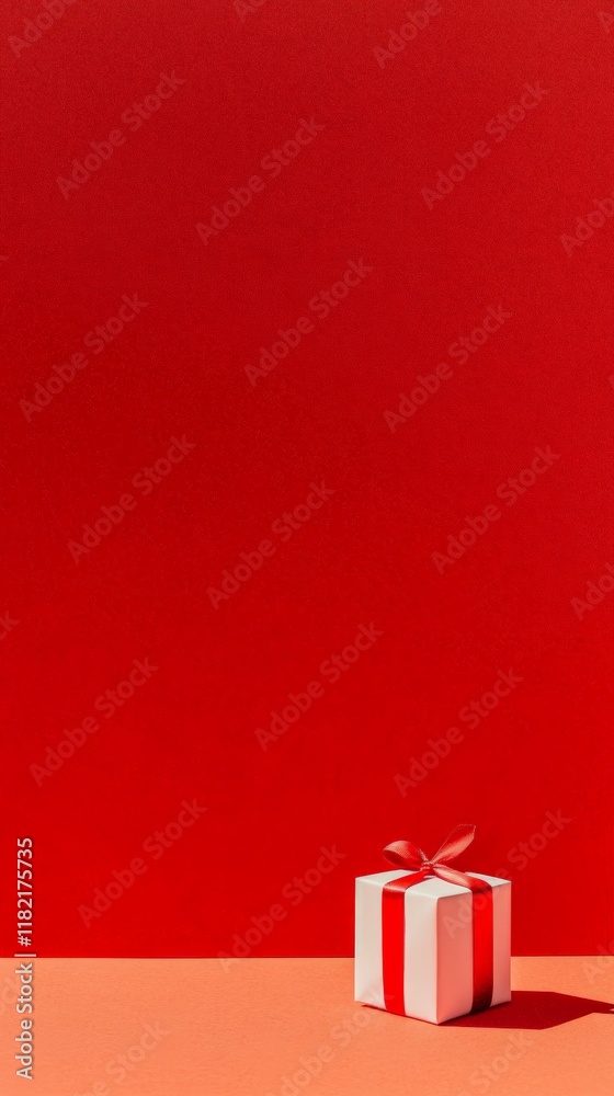 Poster white gift box with red ribbon placed on a coral surface against a vibrant red backdrop, creating a 